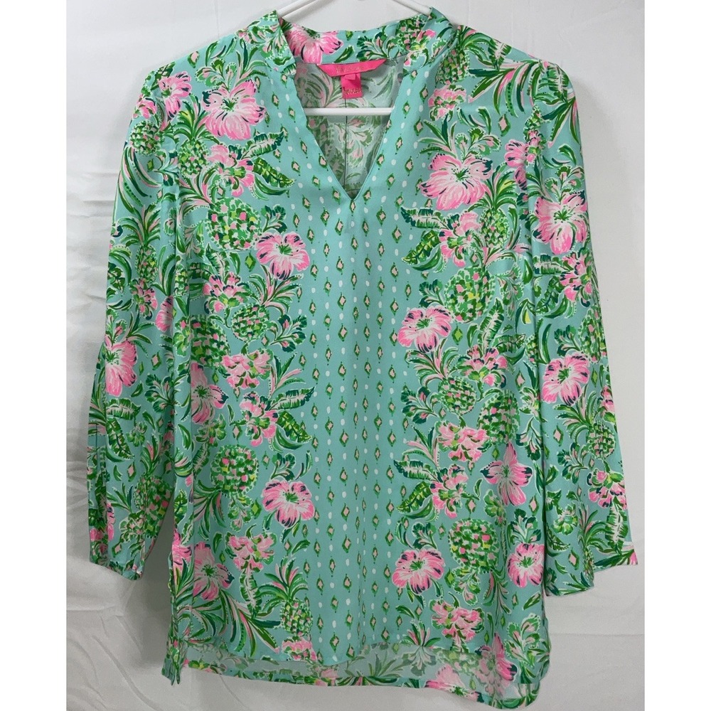 NWOT Women's Lilly Pulitzer V-Neck Tunic Long Sleeve Floral & Pineapple - XXS‎